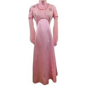 Vtg 60s Pink Embroidered Maxi Dress Sheer Sleeves High Neck Victorian‎ Prairie